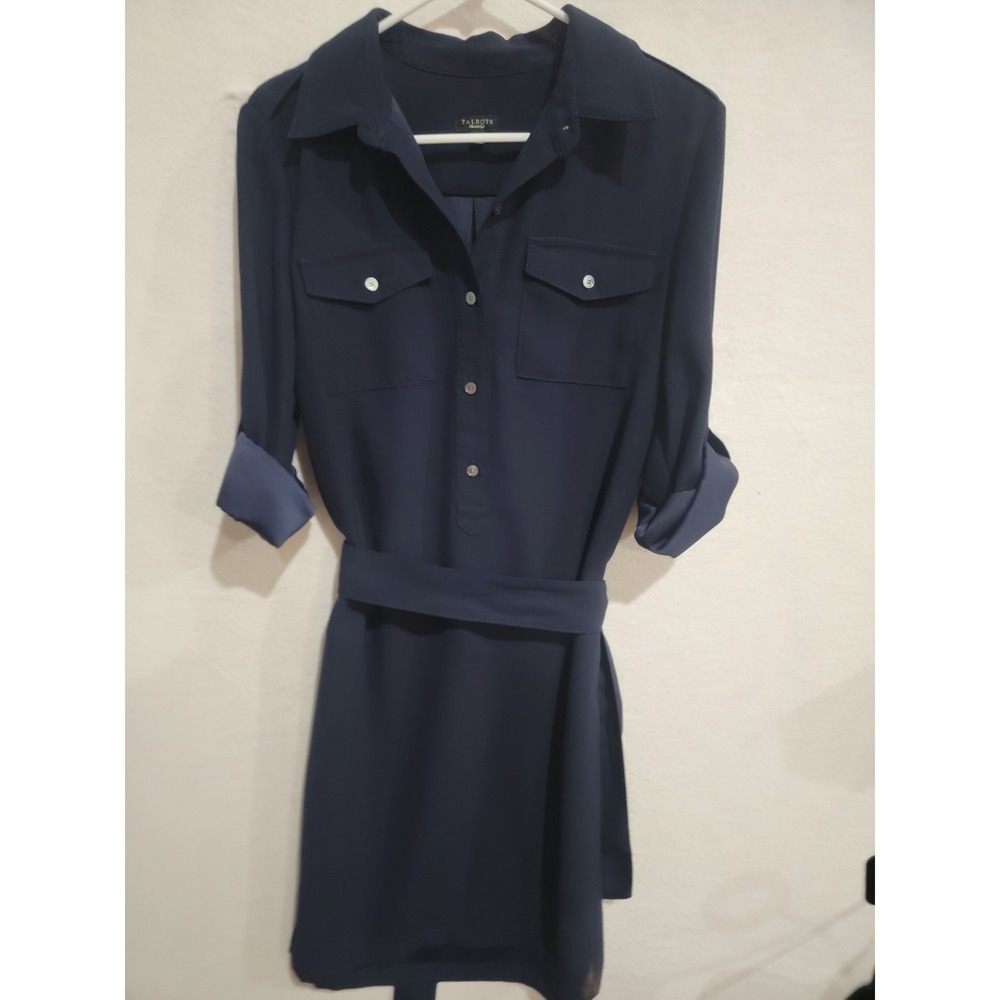 Talbots Shirt Dress Womens 8 Navy Blue Belted Button Front Utility Roll Sleeve